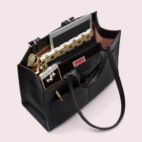 Kate Spade Sam Large Pocket Satchel in Black Leather Tote Bag - Picture 13 of 14